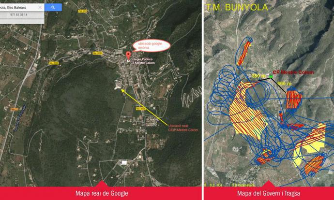 Imatge de l'esquerra facilitada per l'Amipa del centre bunyolí, amb la ubicació real de l'escola. A la dreta, mapa aportat per Medi Ambient i l'empresa de fumigació. El blau són les maniobres de l'avioneta i en vermell la zona on va llençar el producte de fumigació. Diari de Balears